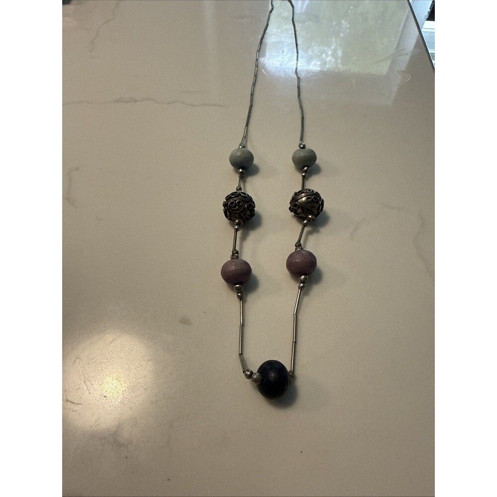 Vintage Liquid Silver Tone And Purple, Blue, Black And Silver Beaded Necklace